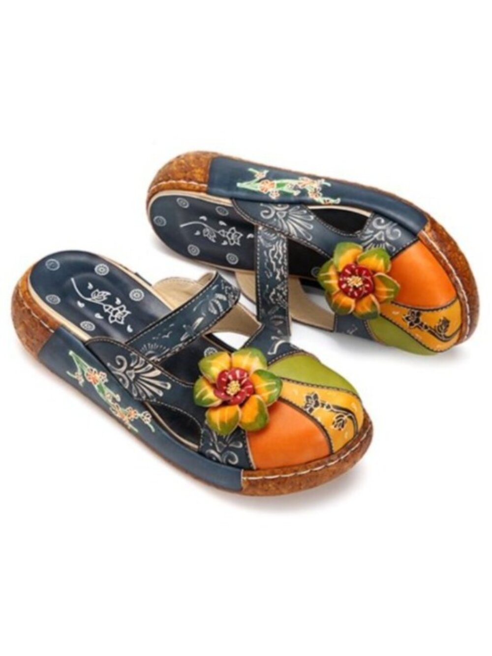Women's Blue/Multi Flower Slip-On Leather Cut-Out Backless Platform Sandal Sz 41 - Picture 4 of 16